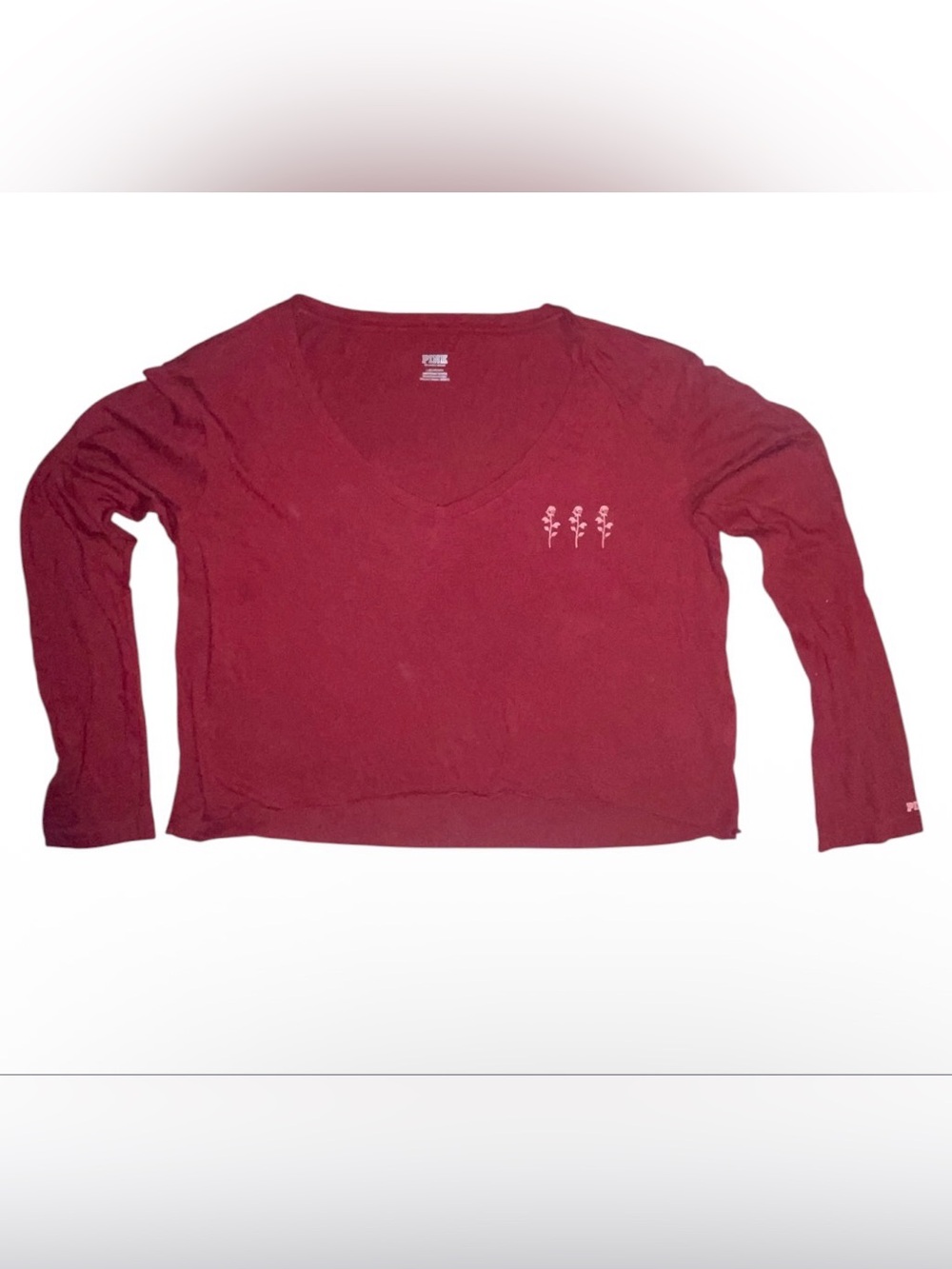 Pink Victoria Secret Women's V-Neck Long Sleeve Crop Top Tee - Burgundy